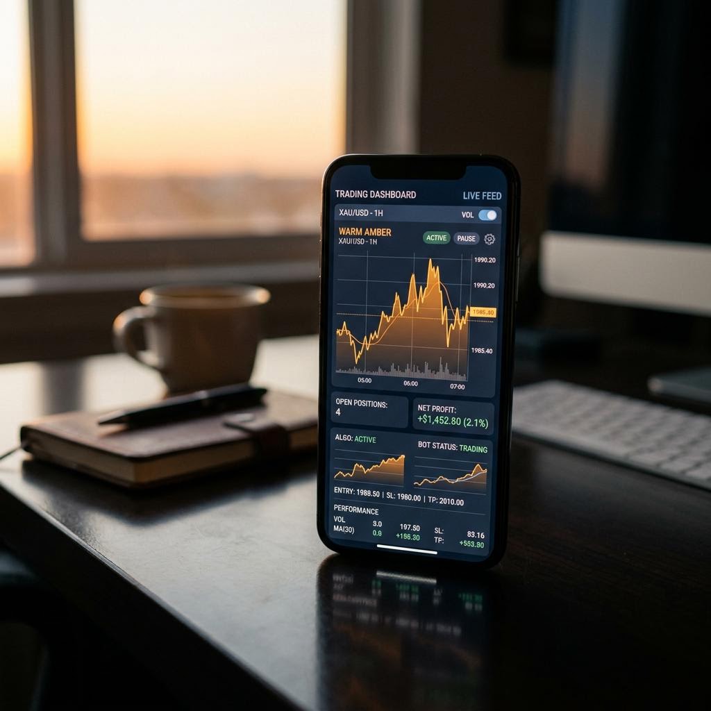 Panel de control de Bursenix AI mostrando ejecución de trading en smartphone